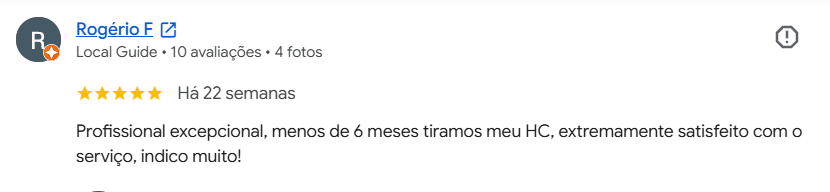 Avaliação de Rogério F. no Google: cinco estrelas, HC obtido em menos de 6 meses.