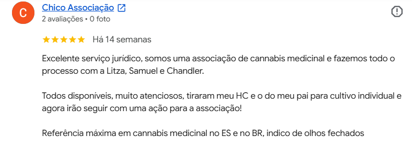 Avaliação da Chico Associação no Google: cinco estrelas, referência em cannabis medicinal.